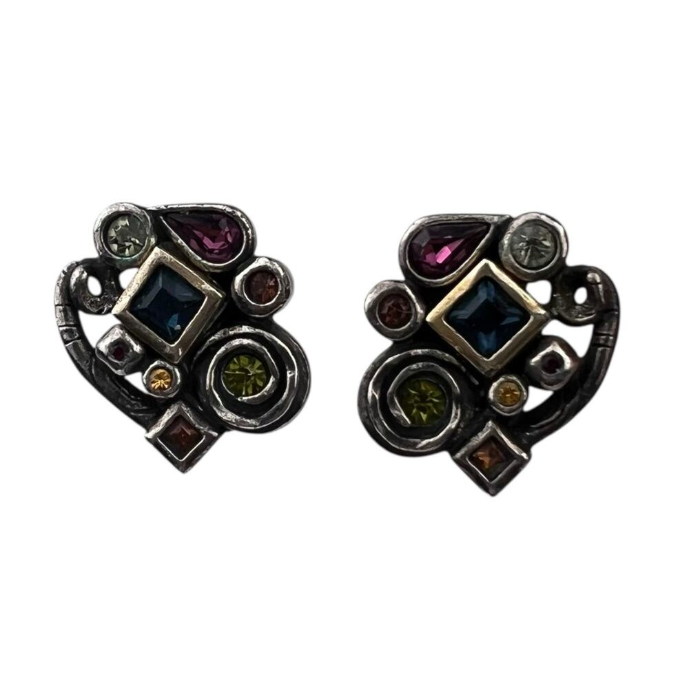 Patricia Locke Vintage Multicolor Crystals Clip On Earrings Brutalist Style